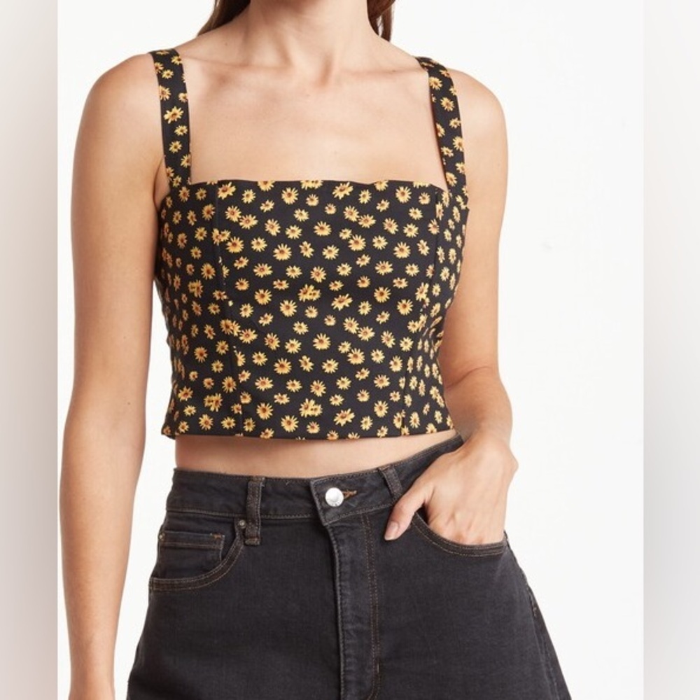 WeWoreWhat Black Crop Top with Yellow Daisy Print